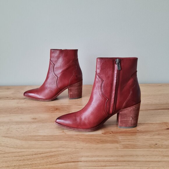 Frye Flynn Ankle Boots Booties Zip Block Heel Red Clay Pointed Toe 8.5 Leather - Picture 5 of 8